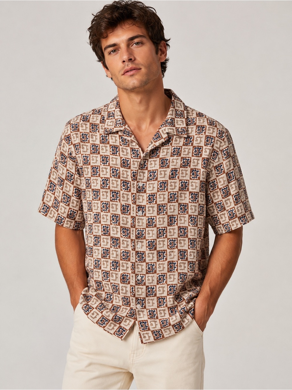 PJ Paul Jones Geometric Print Button Front Shirt Beige Blue Brown Retro Shirt L